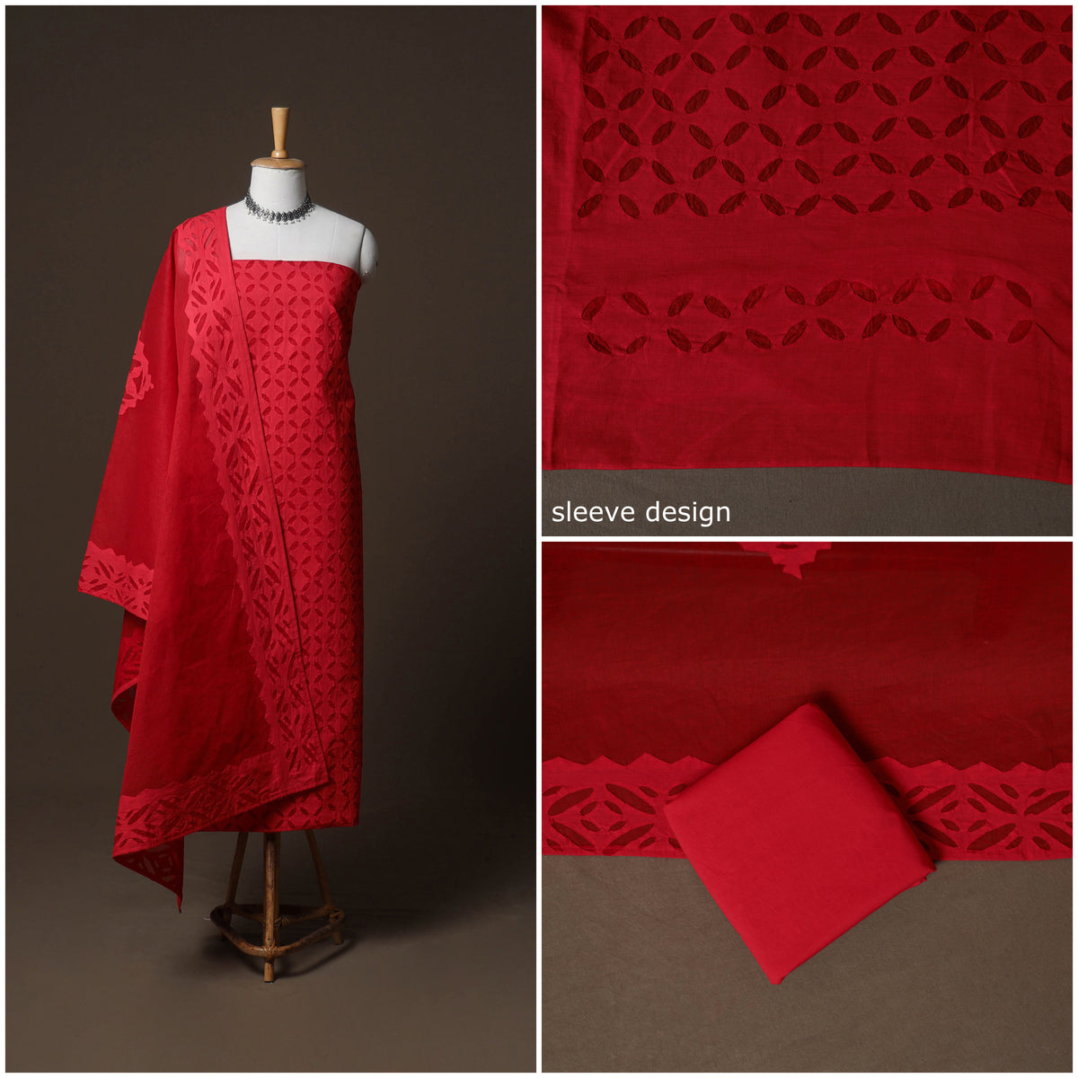 Applique Cutwork Cotton Unstitched Dress Material: Kurta, Bottom & Dupatta  06