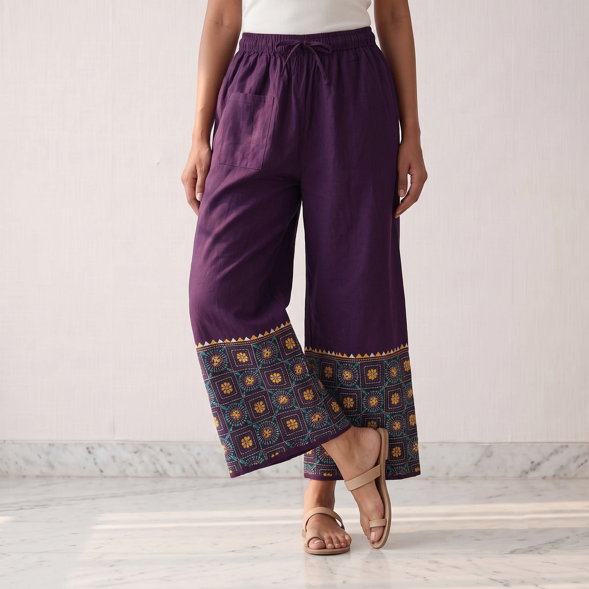 Bengal Kantha Hand Embroidered Cotton Palazzo 11