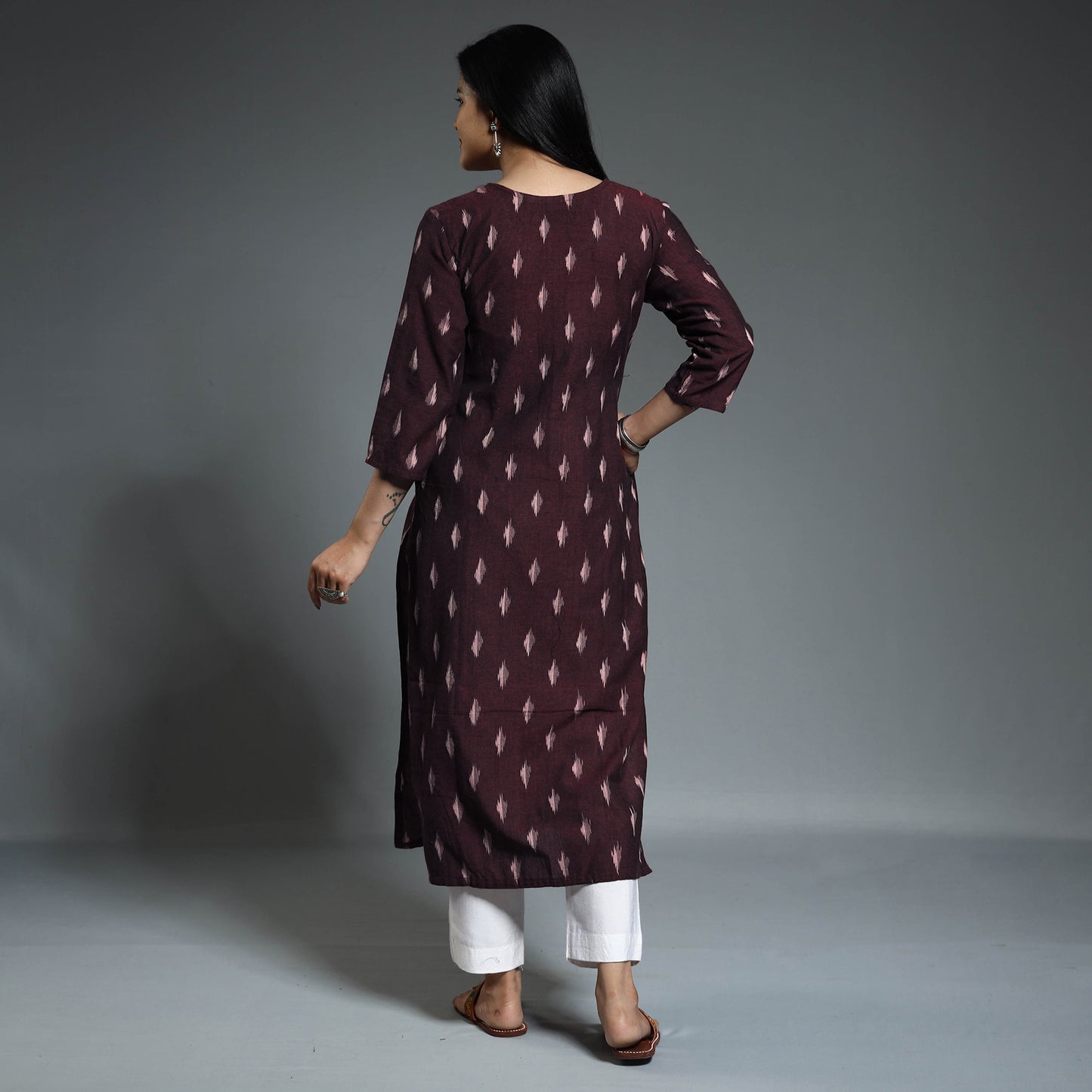 Maroon - Pochampally Ikat Weave Cotton Long Straight Kurta