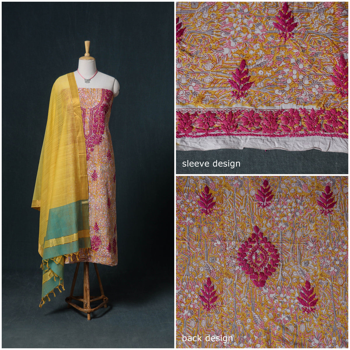 Lucknowi Chikankari Hand Work Unstitched Dress Material: Kurta & Dupatta with Jewellery 05