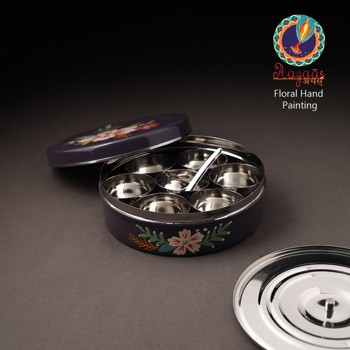 Floral Handpainted Enamelware Stainless Steel Masala Box (7 x 7 in) 07