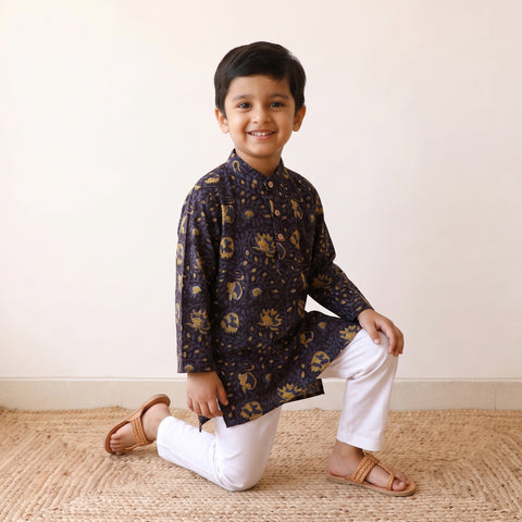 Black - Kids Pure Cotton Kurta in Bagru Block Prints (2-3 Years) 74