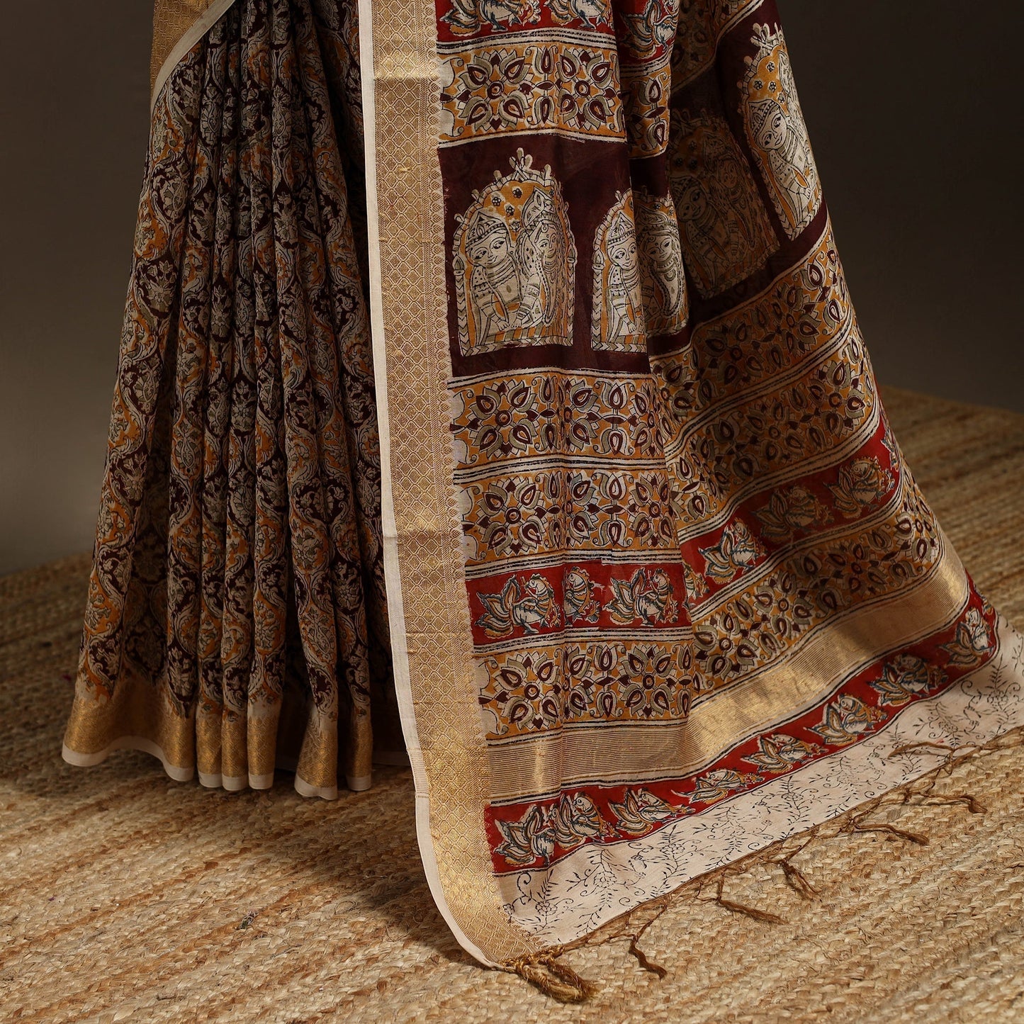 Brown - natural dyed pedana chanderi silk kalamkari saree