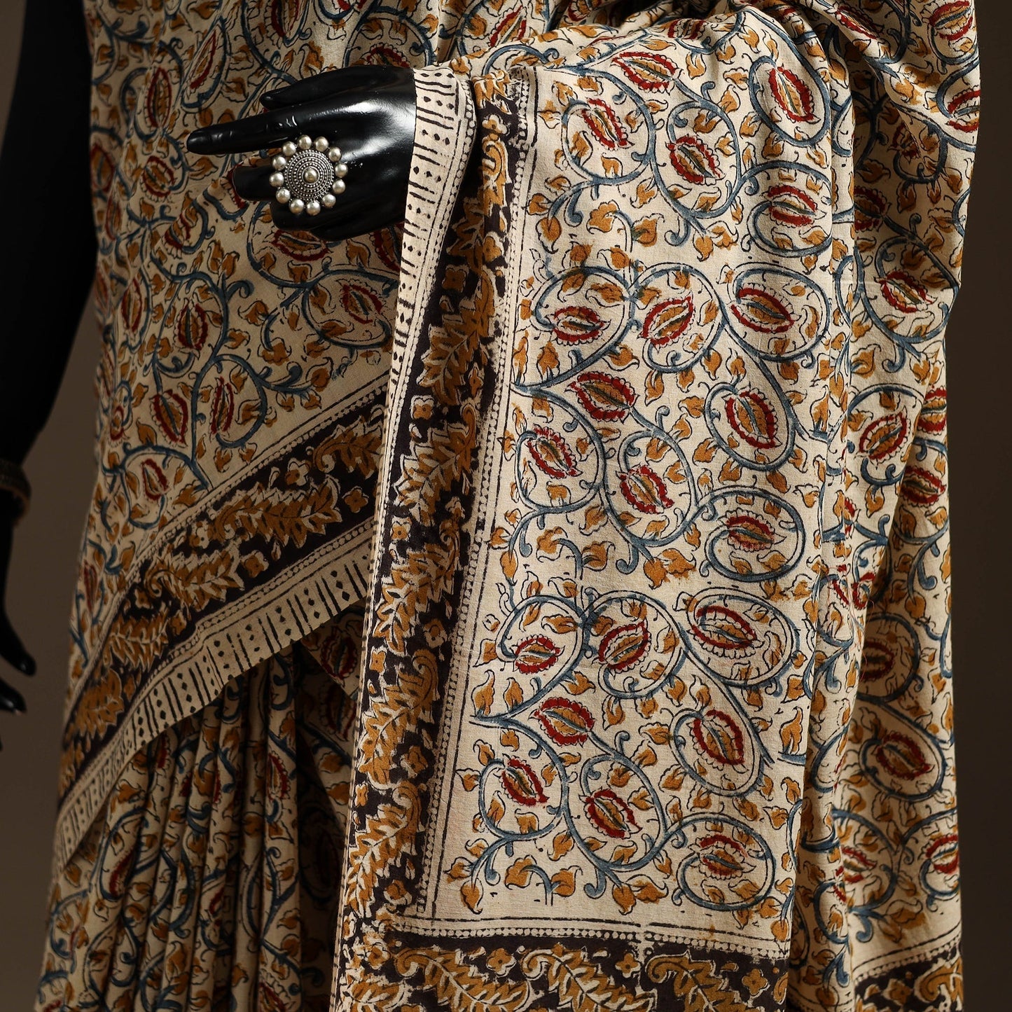Beige - natural dyed pedana cotton kalamkari saree 32
