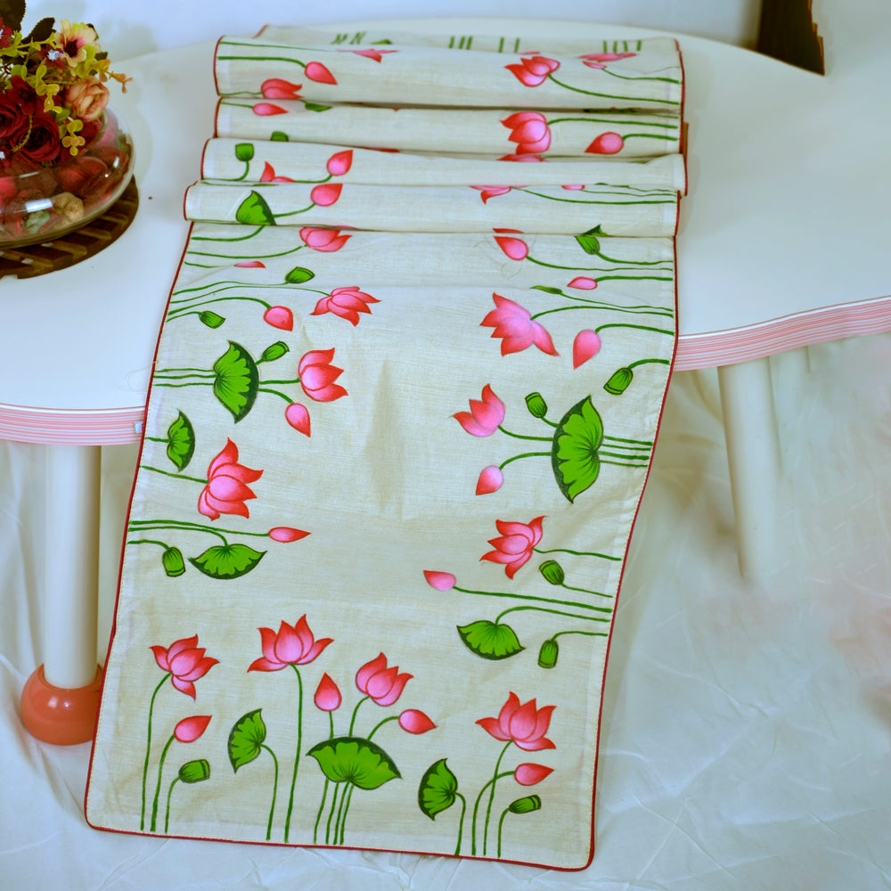 Madhubani Handpainted Chanderi Table Runner & Table Mats Set