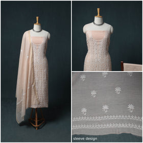 Lucknowi Chikankari Mukaish Work Mul Chanderi Unstitched Dress Material: Kurta, Bottom & Dupatta 07