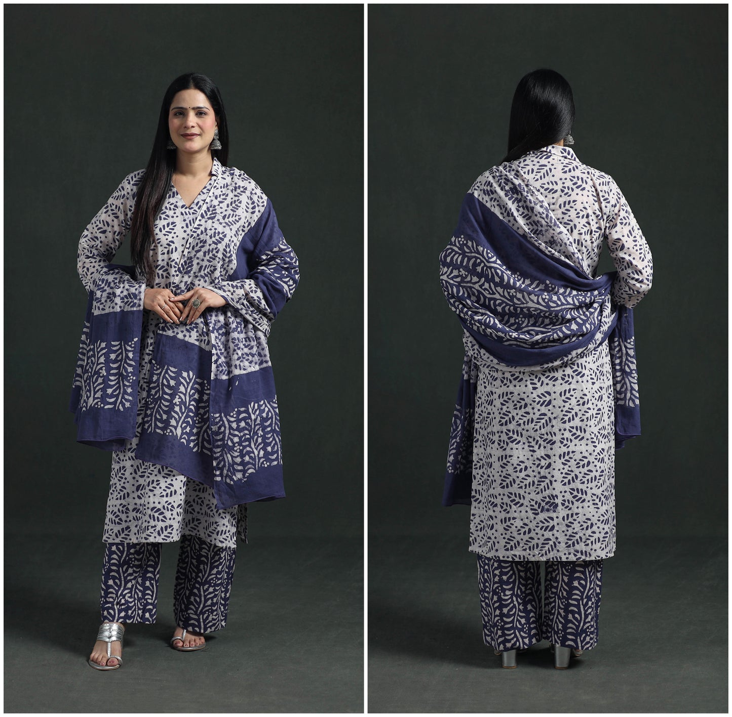 Hand Batik Print Cotton Suit Set with Dupatta for Women 14
