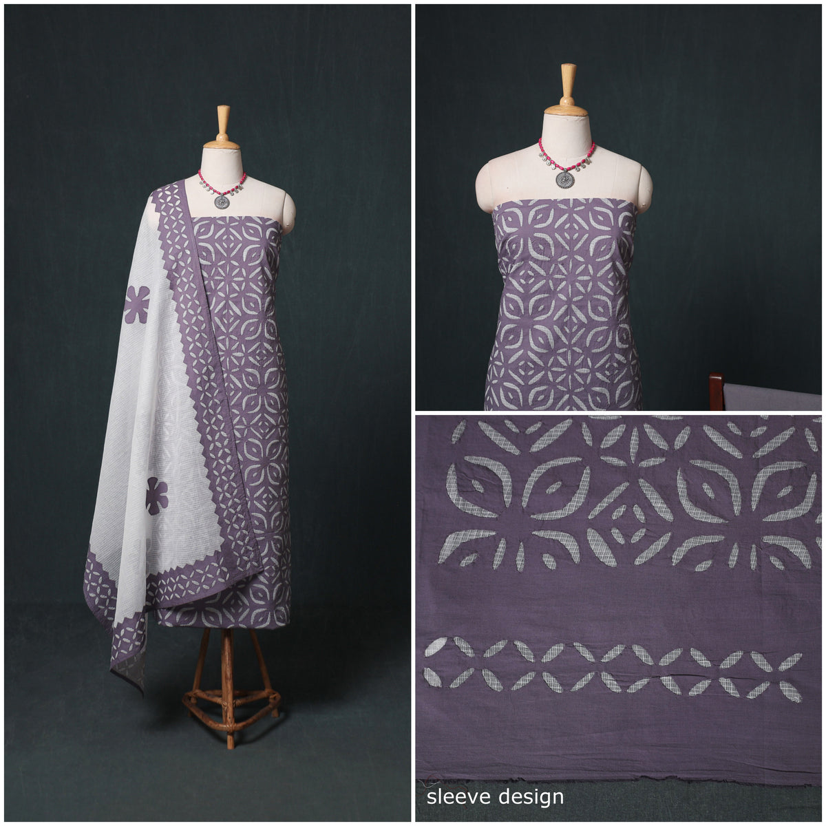 Barmer Applique Cutwork Kota Doria Cotton Unstitched Dress Material: Kurta, Bottom & Dupatta 07