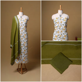 Floral Sanganeri Block Print Cotton Unstitched Dress Material: Kurta, Bottom & Dupatta with Jewellery 06