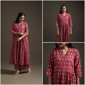 Red - floral sanganeri print cotton flared kurta