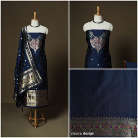 Blue - Bangalore Silk Paithani Weave 3pc Unstitched Dress Material Suit Set 07