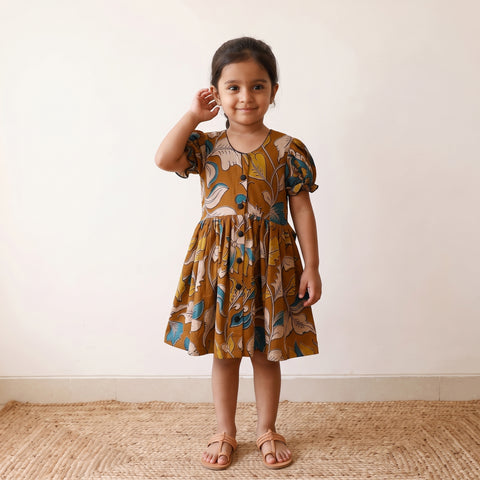 Brown - Pure Cotton Girls Frock Dress in Kalamkari Prints (3-4 Years) 45
