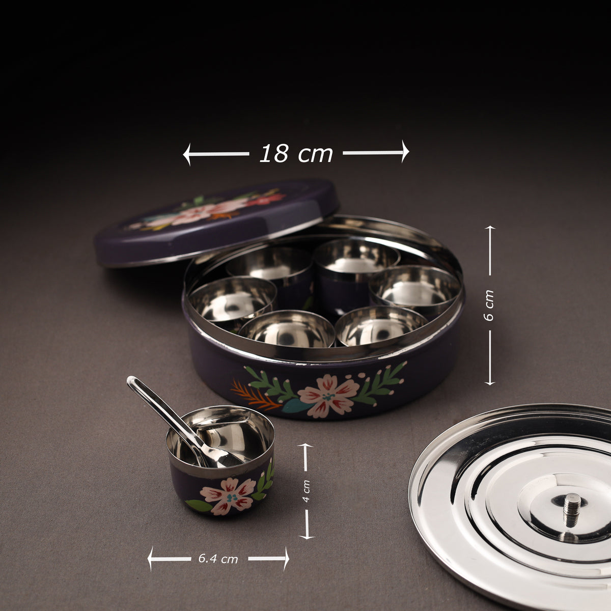 Floral Handpainted Enamelware Stainless Steel Masala Box (7 x 7 in) 07