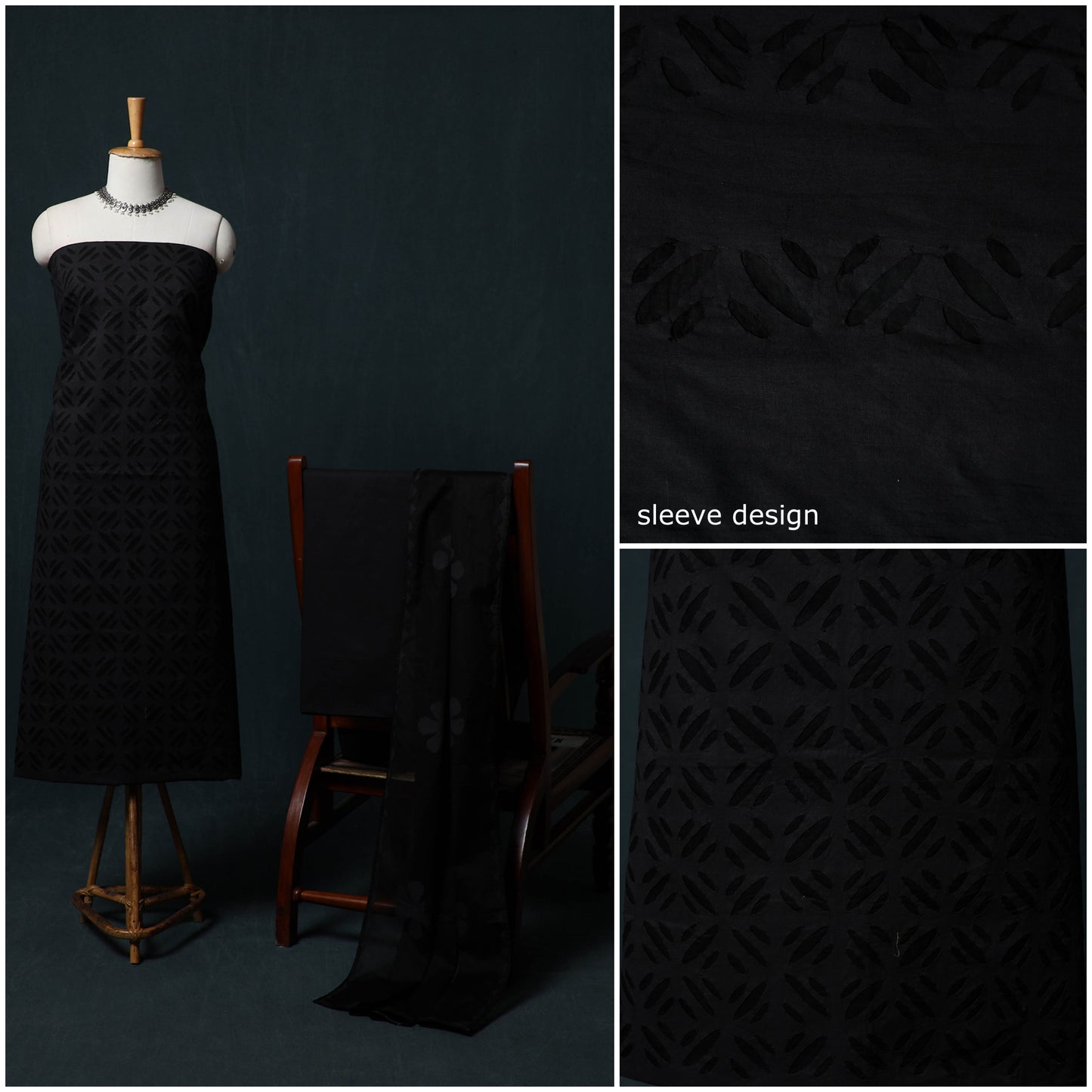 Black - Barmer Applique Cutwork Cotton 3pc Unstitched Dress Material Suit Set 07