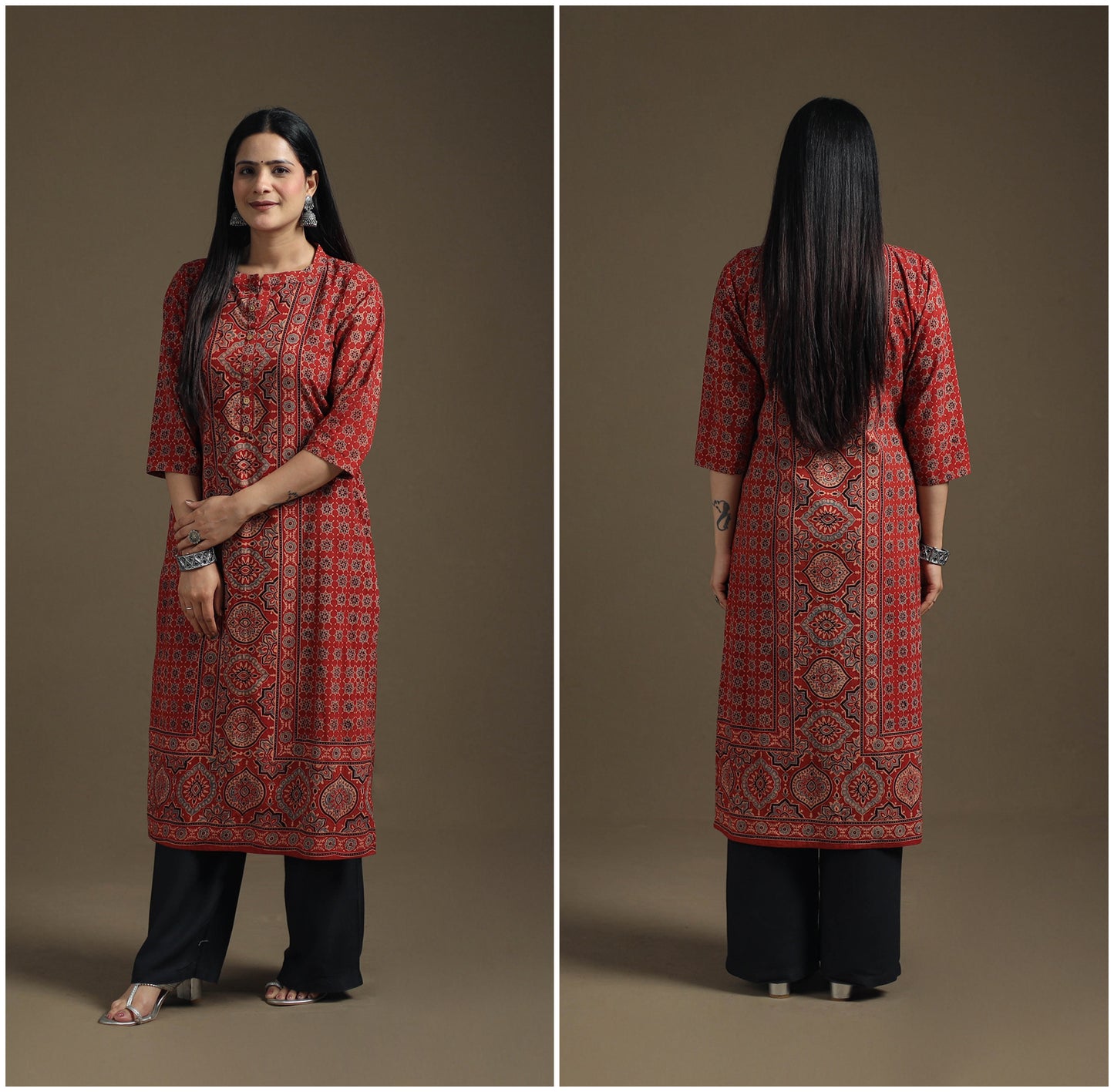 Hand Block Print Cotton Straight Long Ajrakh Kurta for Women 09