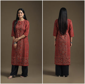 Hand Block Print Cotton Straight Long Ajrakh Kurta for Women 09