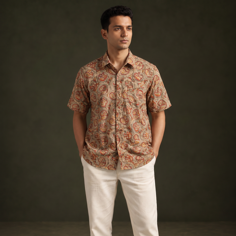 Men Half Sleeve Pedana Kalamkari Block Print Cotton Shirt 01