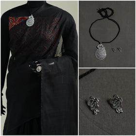 Black - Nazaakat Kota Doria Cotton Plain Saree with Blouse & Jewellery Set 06