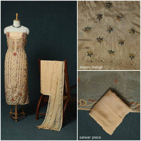 Beige - Hand Embroidered Muslin 3pc Unstitched Dress Material 03