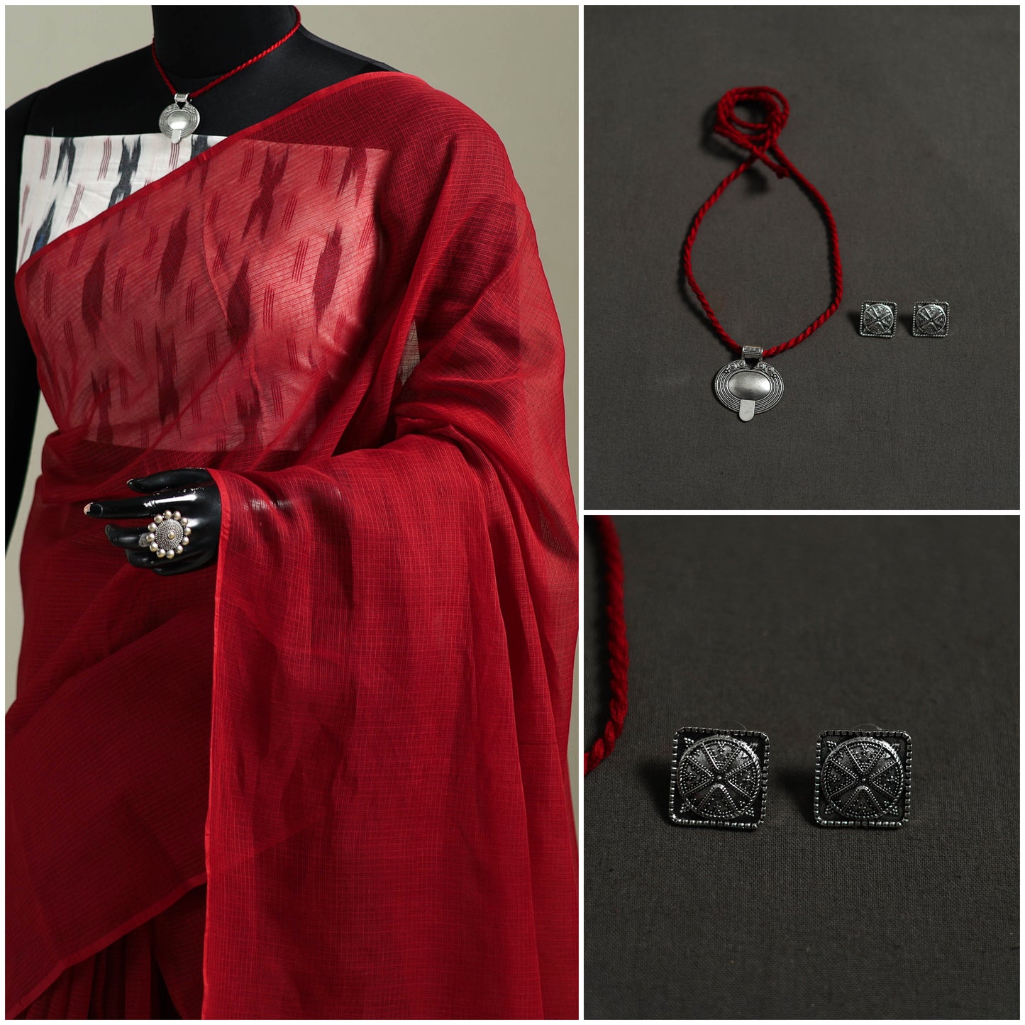 Red - Nazaakat Kota Doria Cotton Plain Saree with Blouse & Jewellery Set 193