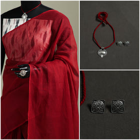 Red - Nazaakat Kota Doria Cotton Plain Saree with Blouse & Jewellery Set 193