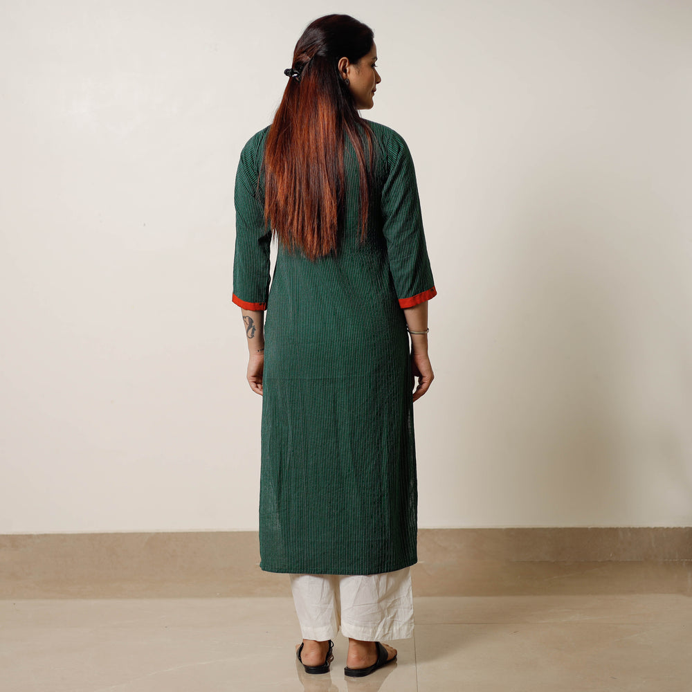 Green - Running Stitch Cotton Straight Kurta with Jacquard Patchwork 04