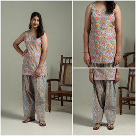 Sanganeri Hand Block Print Cotton Short Kurta with Farshi Salwar Set for women 06