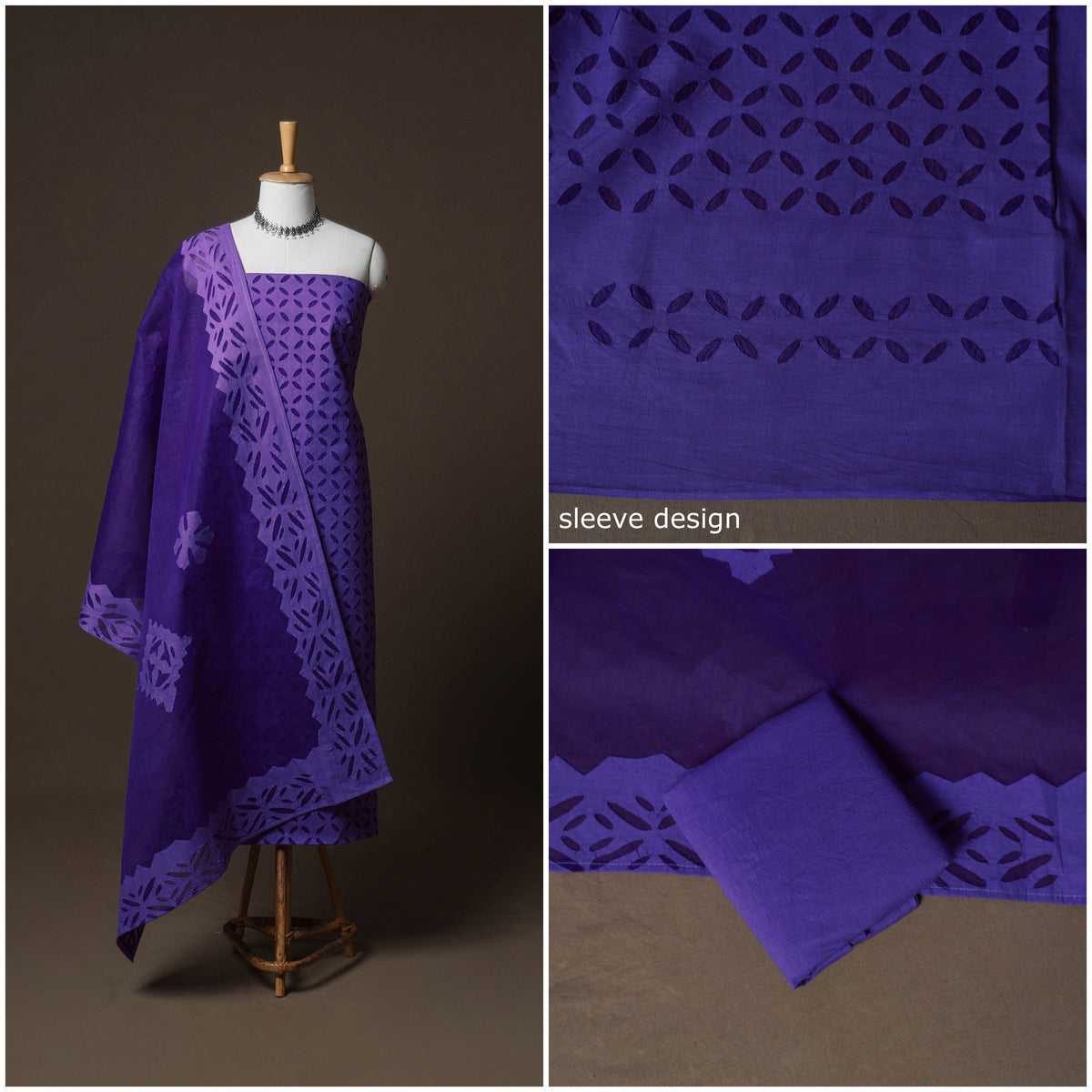 Applique Cutwork Cotton Unstitched Dress Material: Kurta, Bottom & Dupatta 07