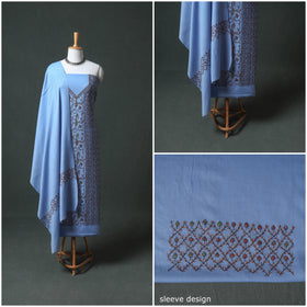 Kashmiri Sozni Hand Embroidered Pure Merino Wool Unstitched Dress Material: Kurta, Bottom with Dupatta 06