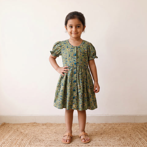 Green - Pure Cotton Girls Frock Dress in Sanganeri Floral Prints (3-4 Years) 24