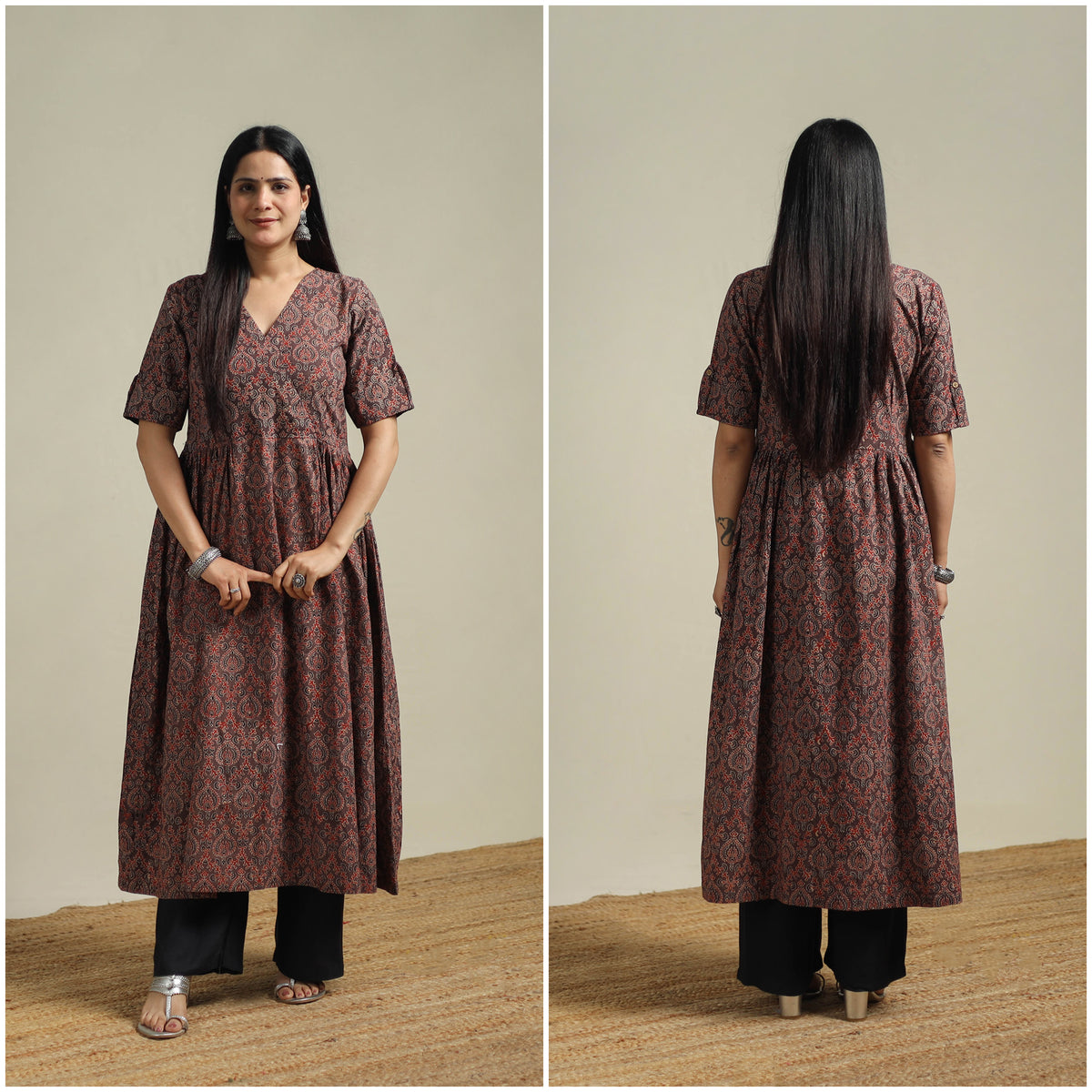 Ajrakh Hand Block Print Natural Dyed Cotton Flared Dress 05