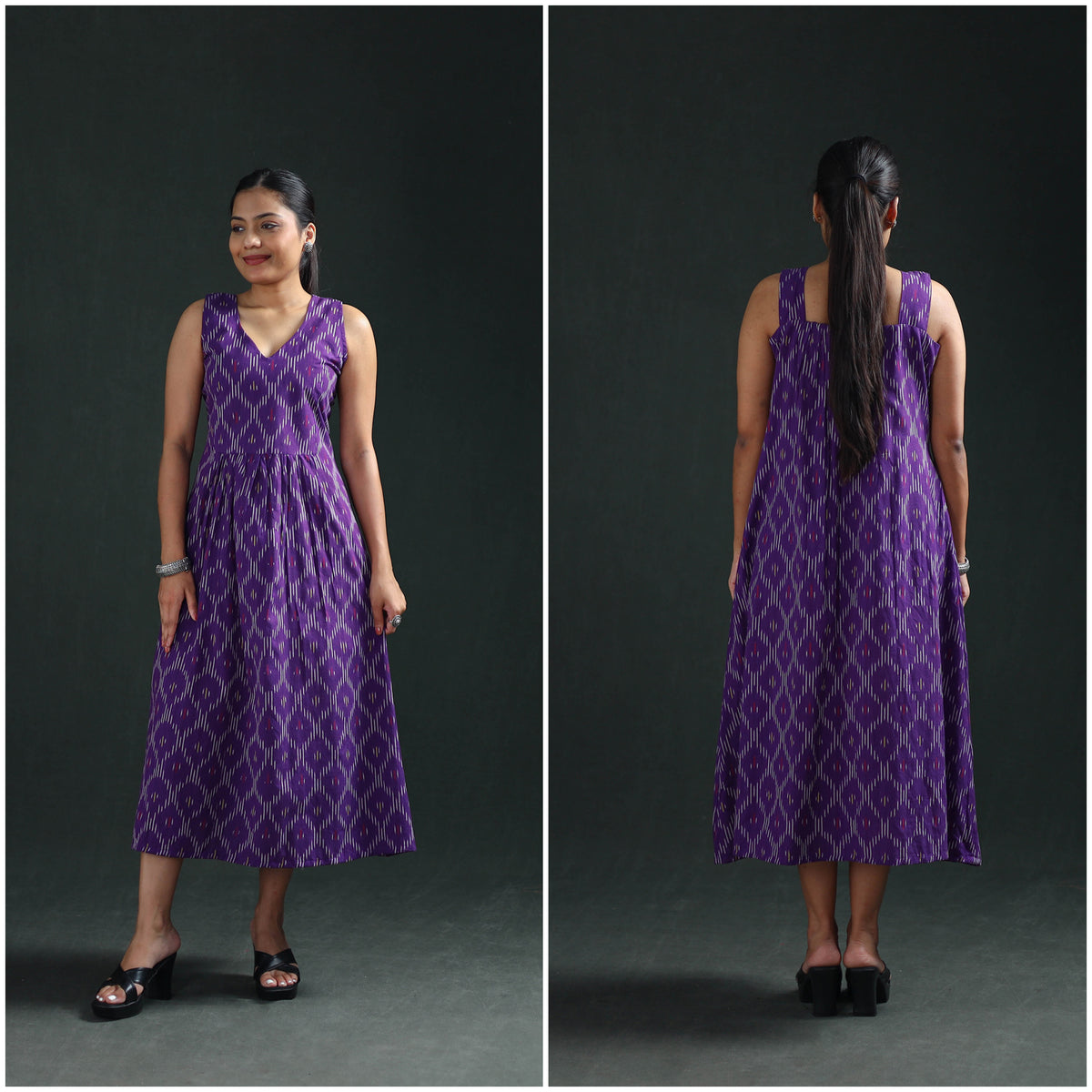 Pochampally Ikat Cotton Sleeveless Flared Long Dress for Women 20