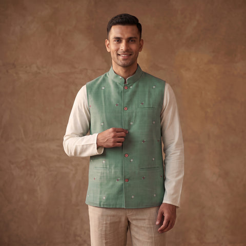 Handwoven Cotton Nehru Jacket for Men in Jamdani Buti of Srikakulam 04