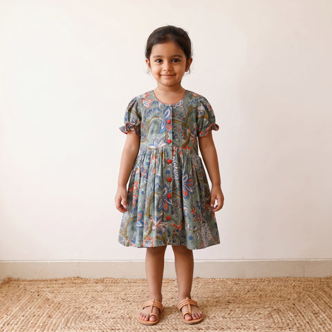 Green - Pure Cotton Girls Frock Dress in Sanganeri Floral Prints (3-4 Years) 17