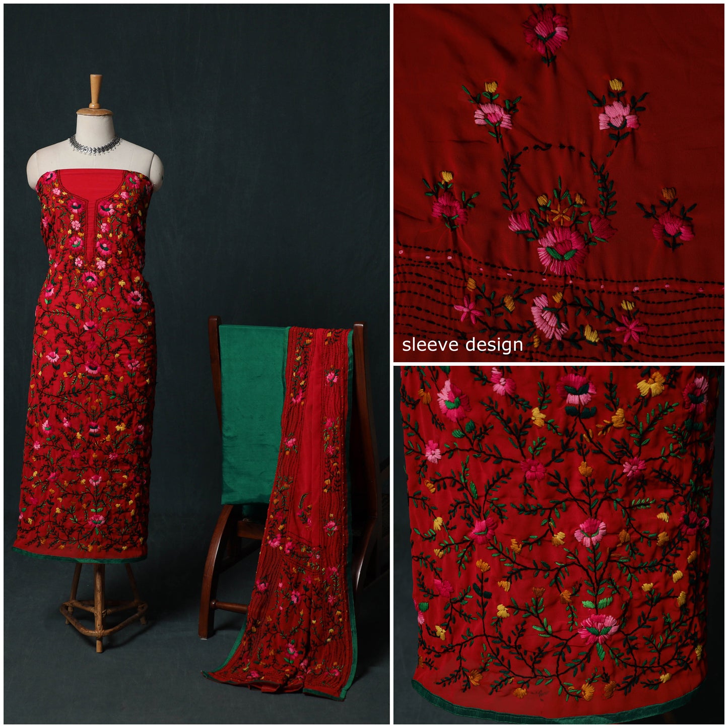 Hand Embroidered Georgette 3pc Unstitched Dress Material Suit Set 07