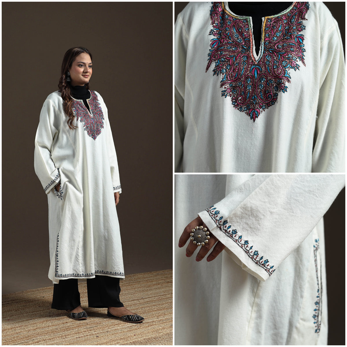 Kashmiri Sozni Hand Embroidered Handwoven Merino Wool Pheran 05