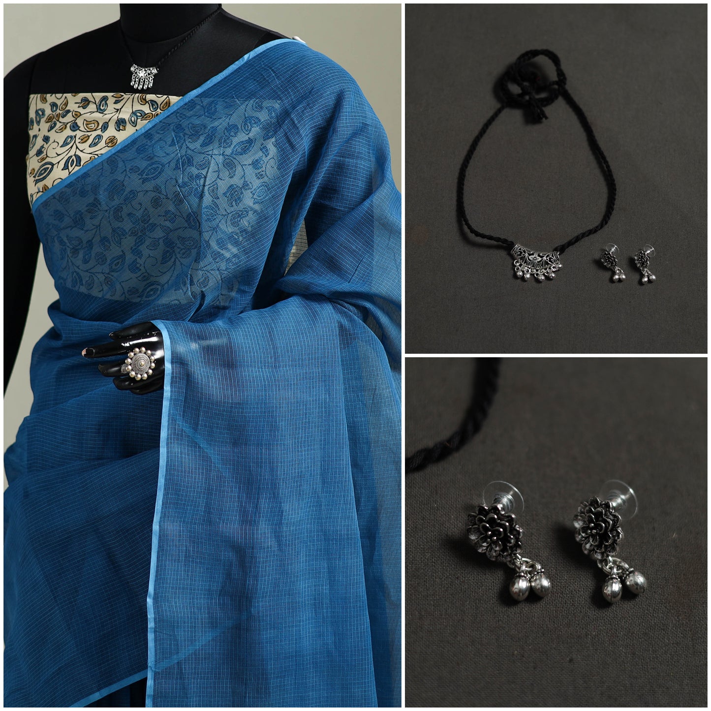 Blue - Nazaakat Kota Doria Cotton Plain Saree with Blouse & Jewellery Set 169