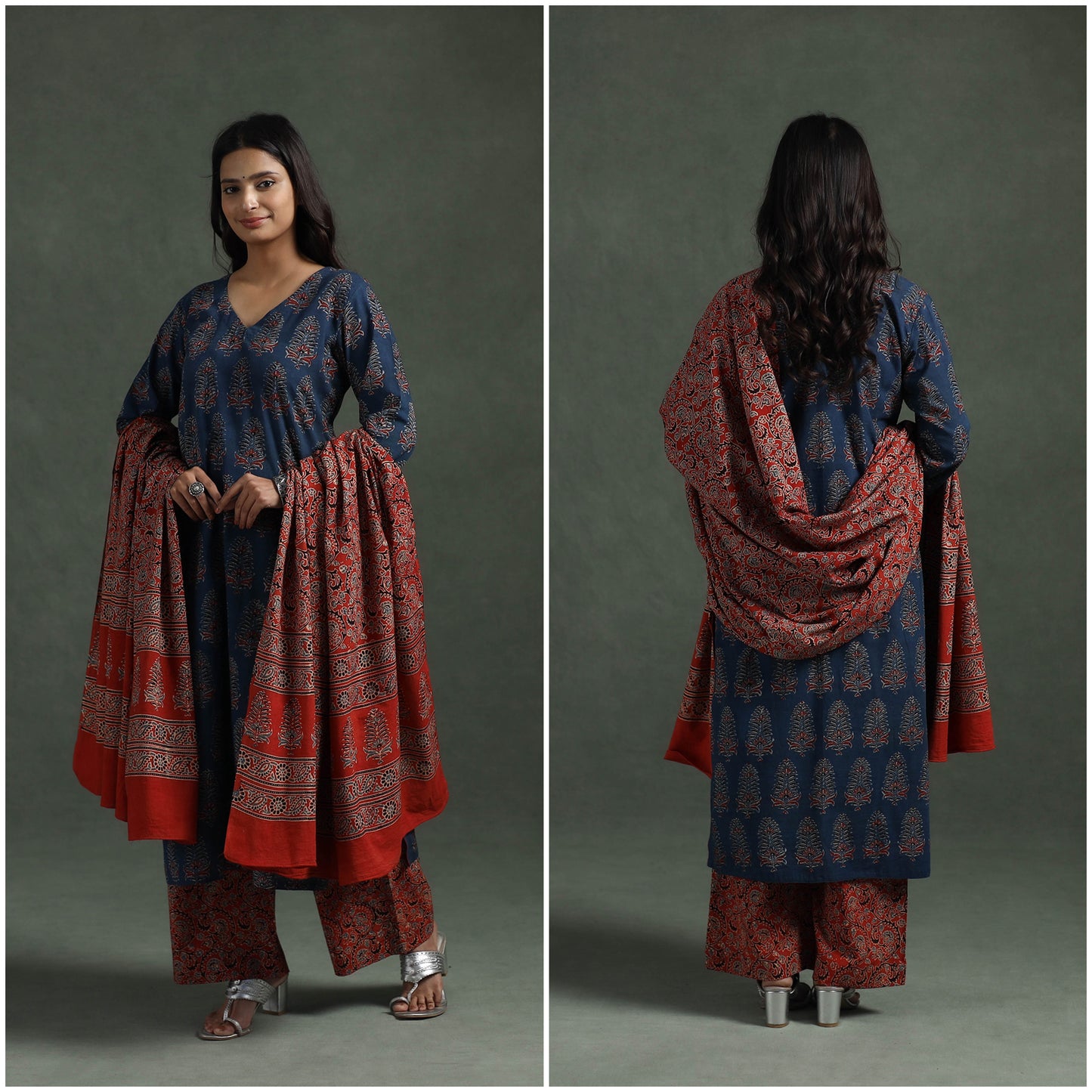 Ajrakh Hand Block Print Natural Dyed Cotton Suit Set with Dupatta for women 03