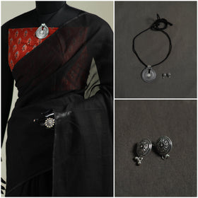 Black - Nazaakat Kota Doria Cotton Plain Saree with Blouse & Jewellery Set 35