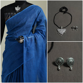 Blue - Nazaakat Kota Doria Cotton Plain Saree with Blouse & Jewellery Set 100