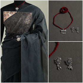 Grey - Nazaakat Kota Doria Cotton Plain Saree with Blouse & Jewellery Set 142