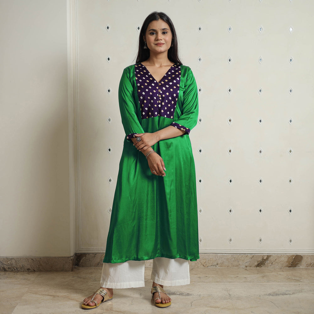 Green - Plain Modal Silk A-Line Kurta with Bandhani Patchwork 07