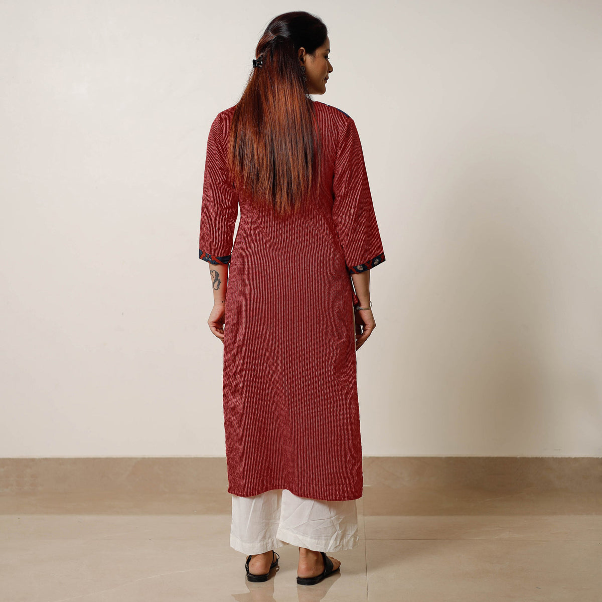 Red - Running Stitch Cotton Straight Kurta with Ajrakh Patchwork 13