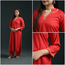 Red - plain banana fiber soft cotton bead work straight kurta with palazzo set for women