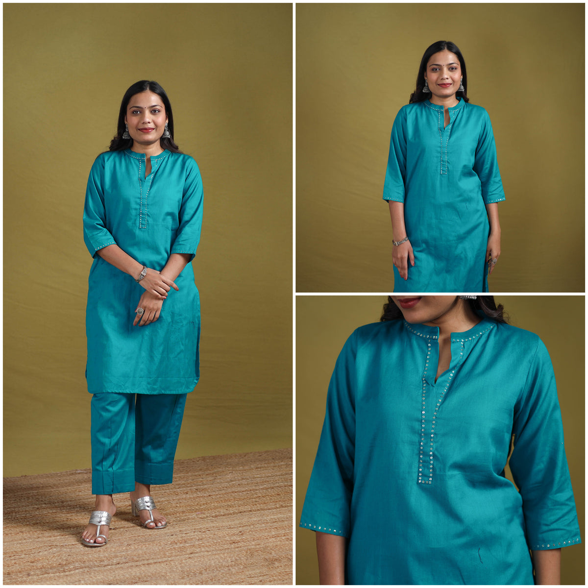 Sequin Work Flex Cotton Plain Straight Kurta with Pant Set for women 12