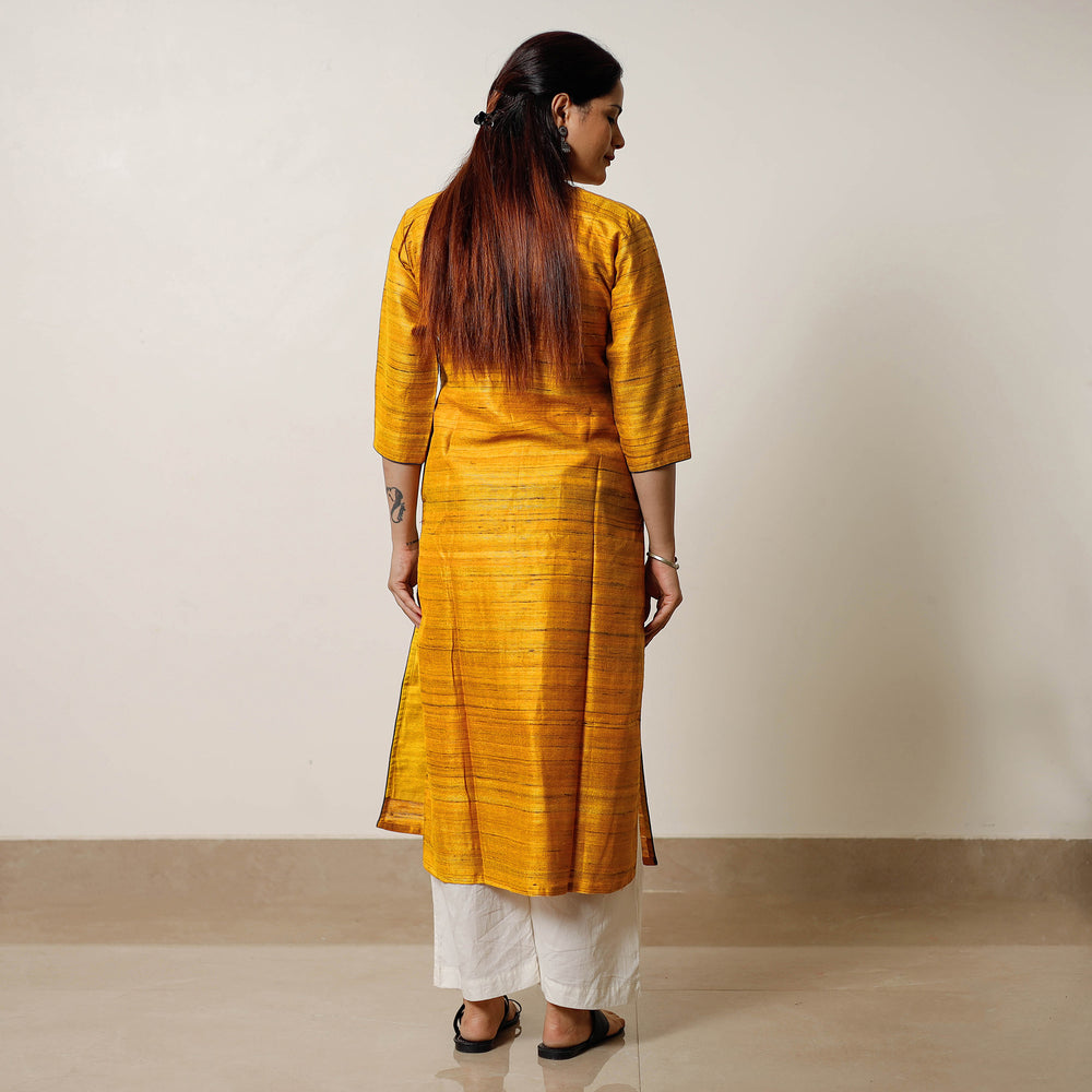 Yellow - Bhagalpuri Handwoven Desi Tussar Silk Long Straight Kurta