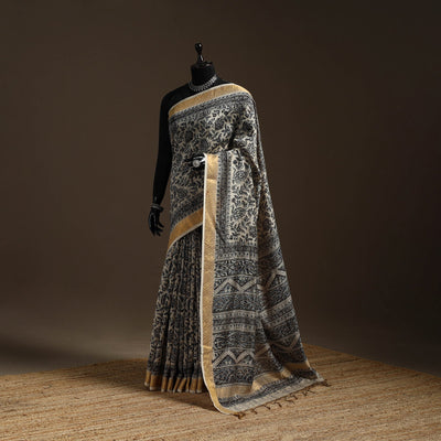 Black - natural dyed pedana chanderi silk kalamkari saree