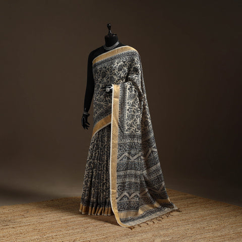 Black - natural dyed pedana chanderi silk kalamkari saree