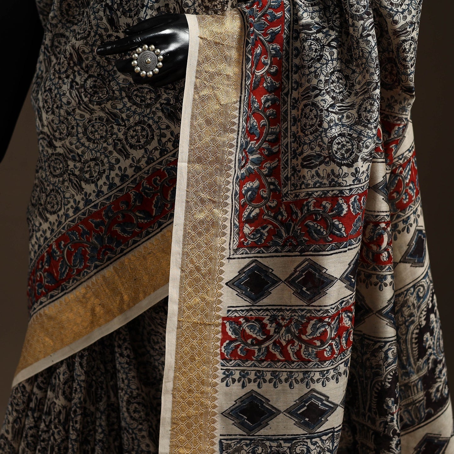 Black - natural dyed pedana chanderi silk kalamkari saree