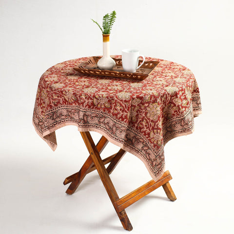 Red Pedana Kalamkari Block Print Cotton Table Cover